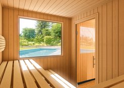 TORNI outdoor sauna with view of glass door and panoramic window