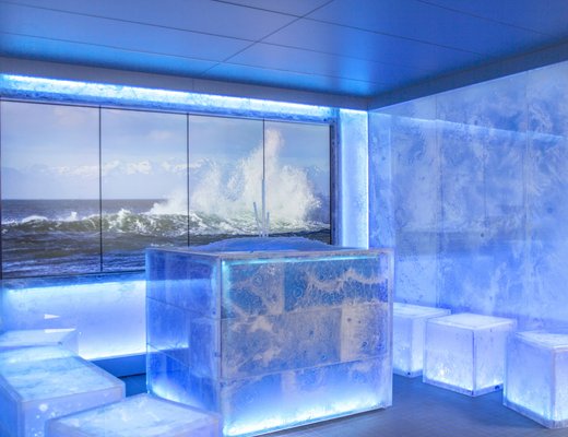 KLAFS ICE LOUNGE with STALAGMIT ice fountain, elements made of acrylic glass