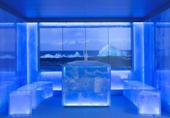 KLAFS ICE LOUNGE with ATMOSPHERE multi-screen, STALAGMITE ice fountain and acrylic glass seating cube