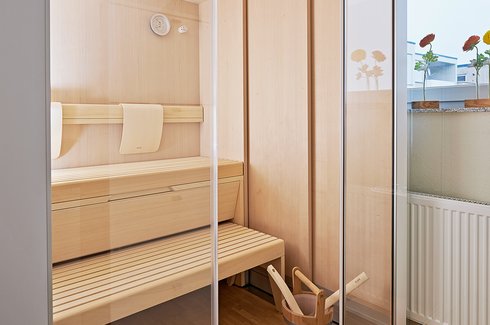 S1 sauna interior cladding in natural hemlock