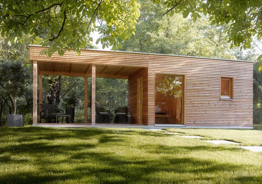 A garden sauna surrounded by natural ambience